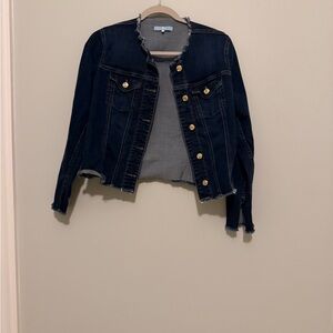 7 For All Mankind Dark Indigo Cropped Jean Jacket with Frayed Edges